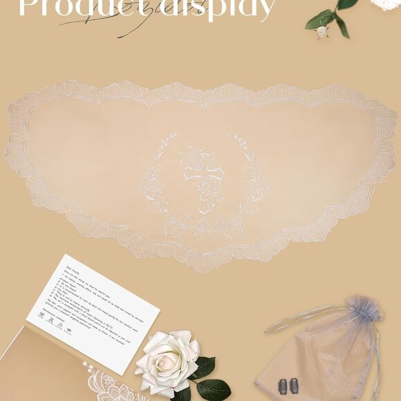 Catholic Church Veil Women Lace Chapel D Shaped Floral Cross Embroidered - Picture 4 of 6